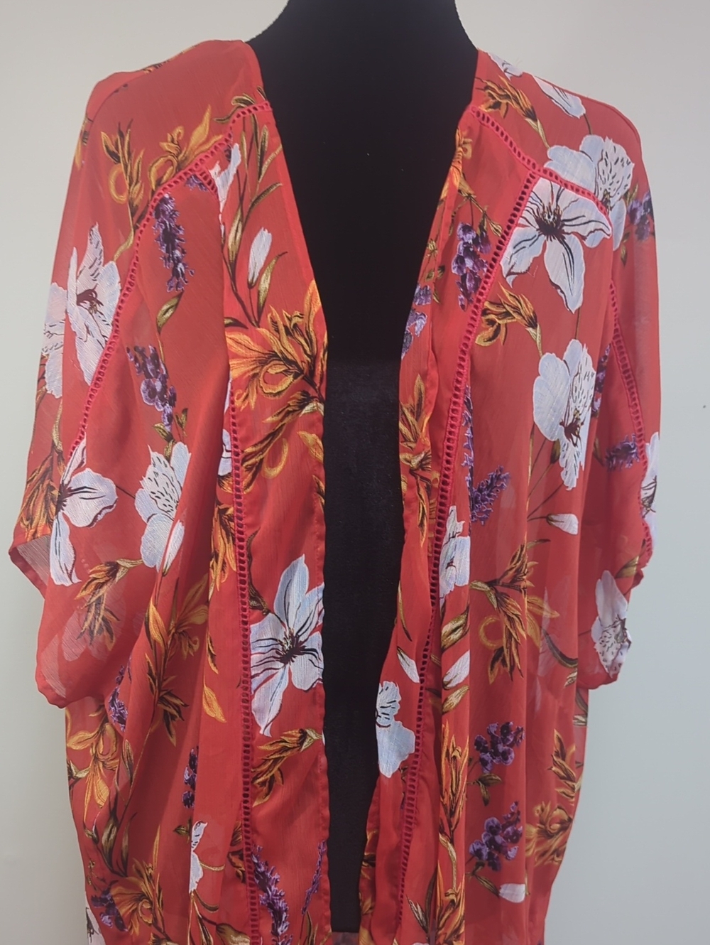 Band of Gypsies Red Floral Open Front Kimono Boho Duster Cardigan Size M